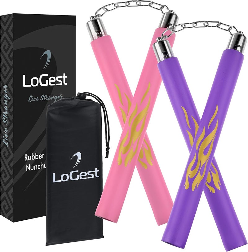Logest Nunchucks - Pack of 2 with Storage Bag Safe Foam Rubber & Steel Chain Training Nunchakus for Kids or Adults Beginners for Martial Arts Practice Nunchaku Ninja Foam Nunchucks for Kids & Adults - Image 1